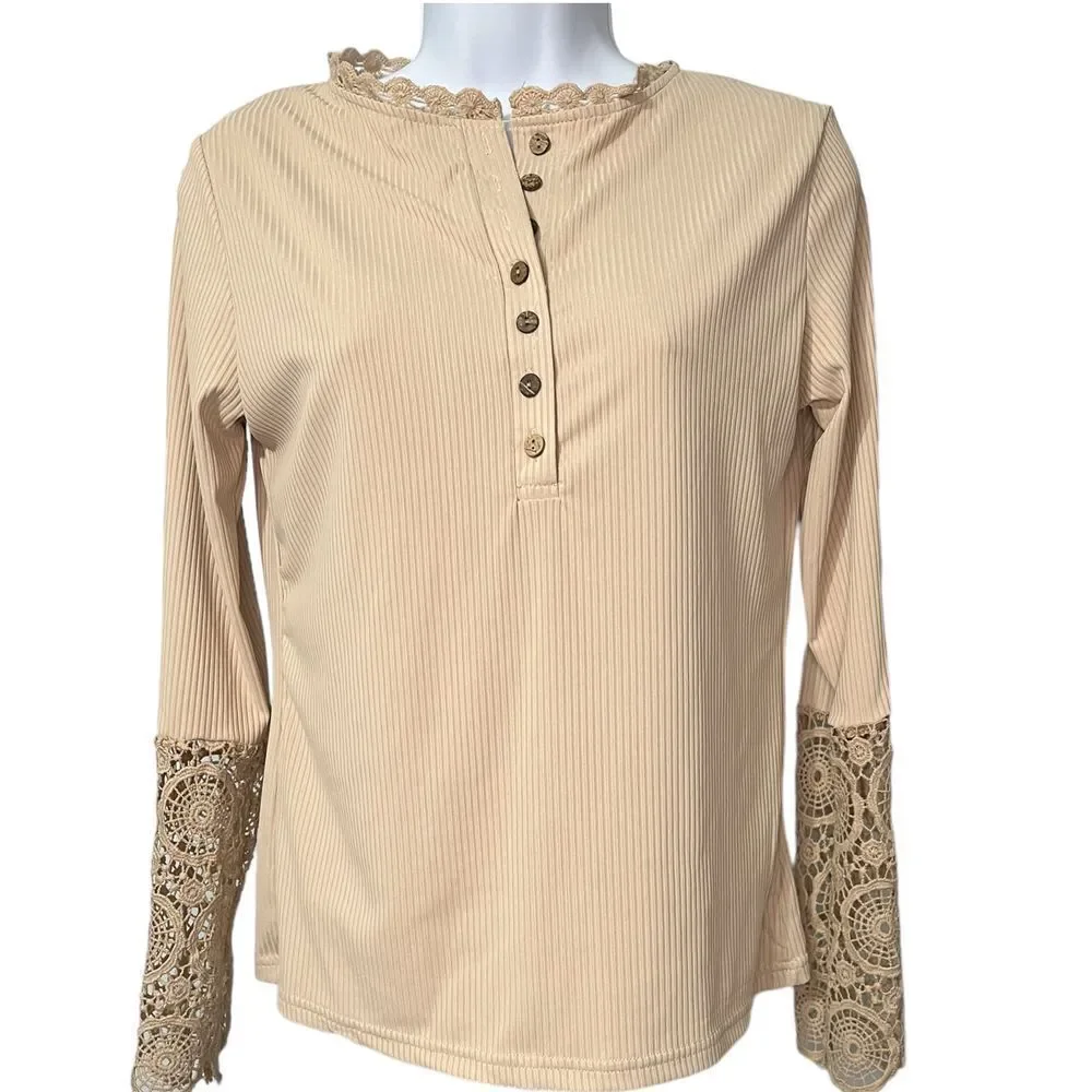 Women's Ribbed Beige Long‎ Sleeve Tee with Lace Trim on Neck and Cuffs Sz Small